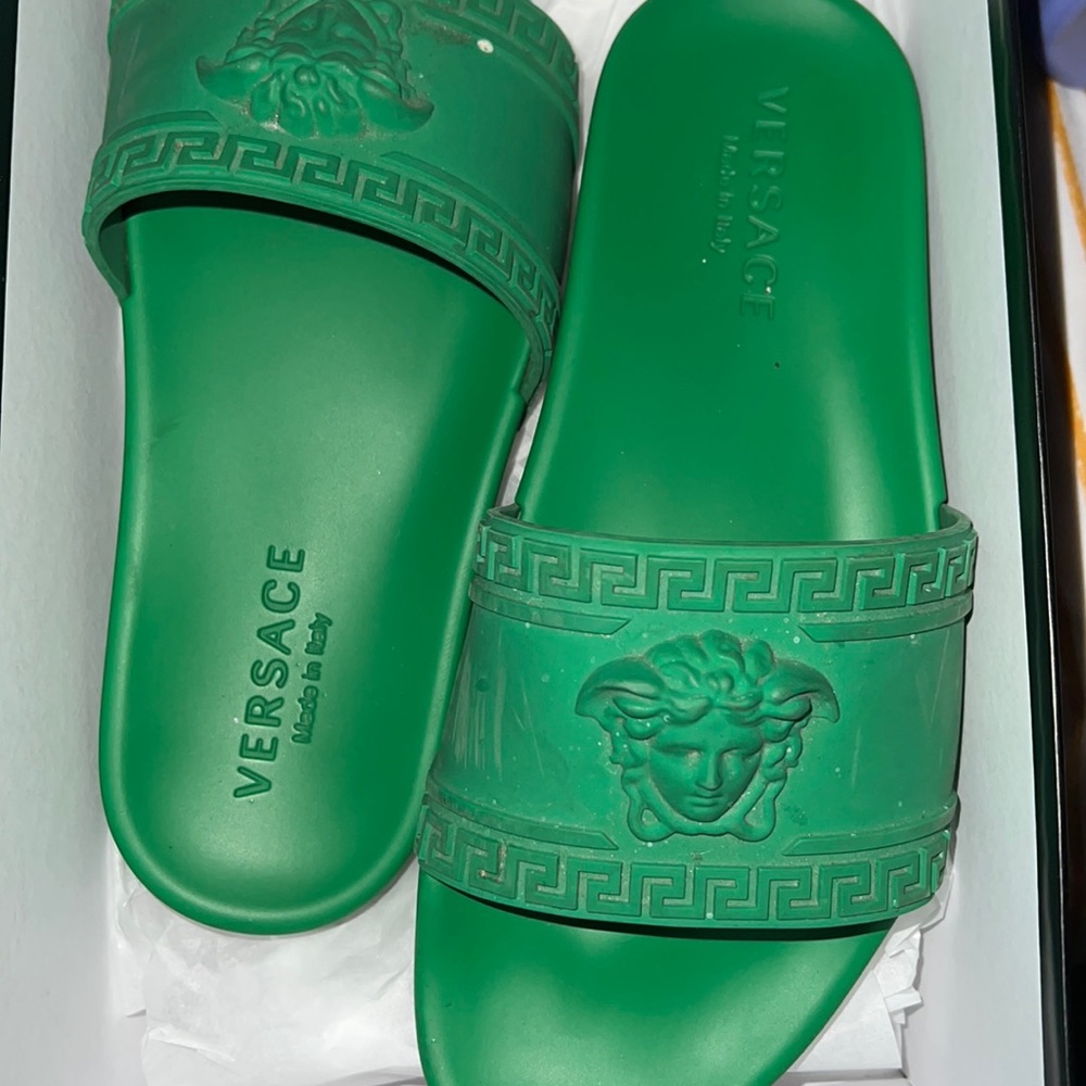 Green Versace pool slides